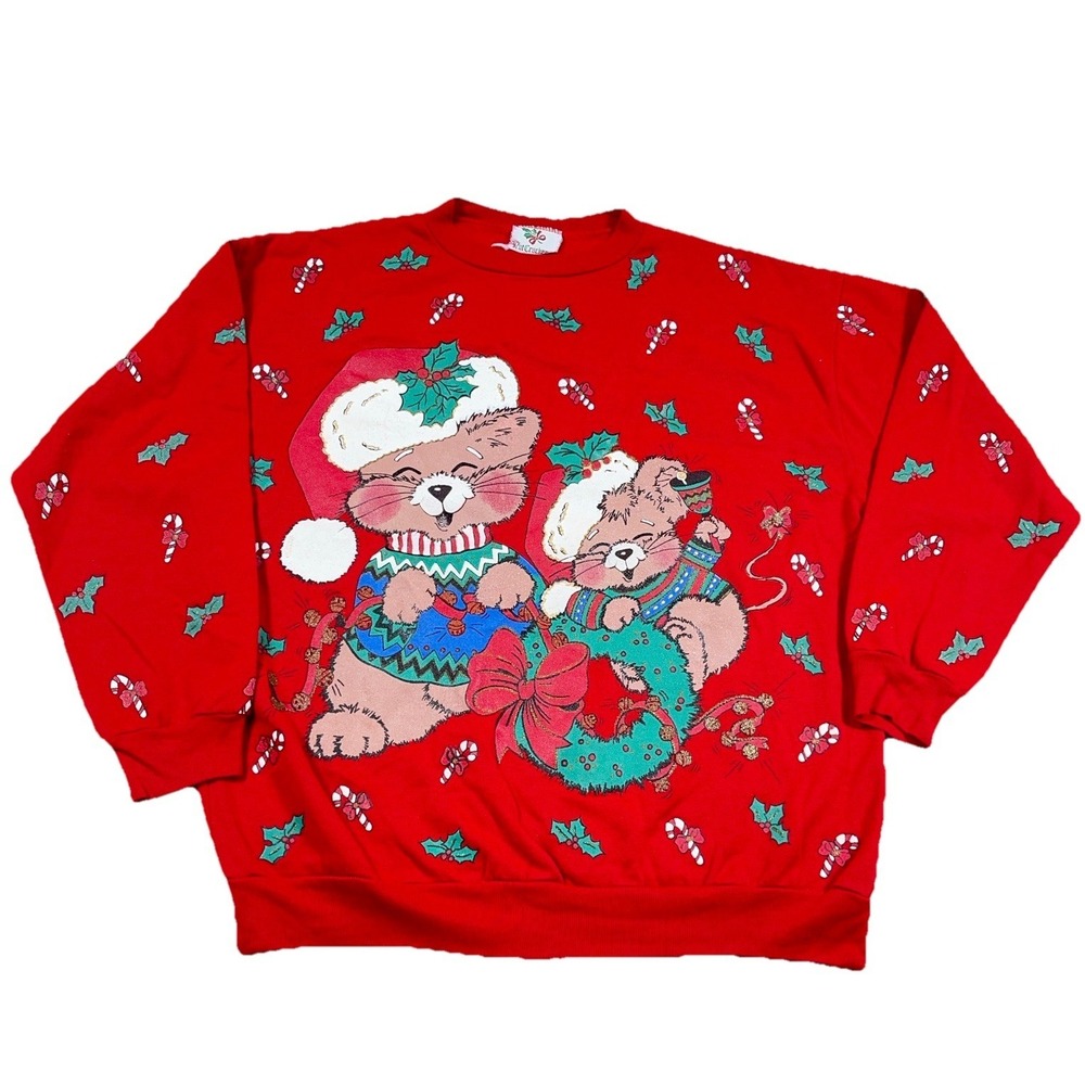 Vintage Christmas Sweater Women Medium Red Crewneck Sweatshirt 80s 90s AOP USA